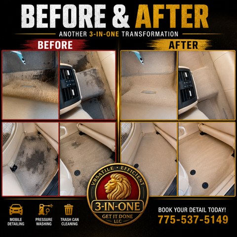 Before and after of a 3 In One interior detail in Las Vegas — filthy tan interior brought back to spotless